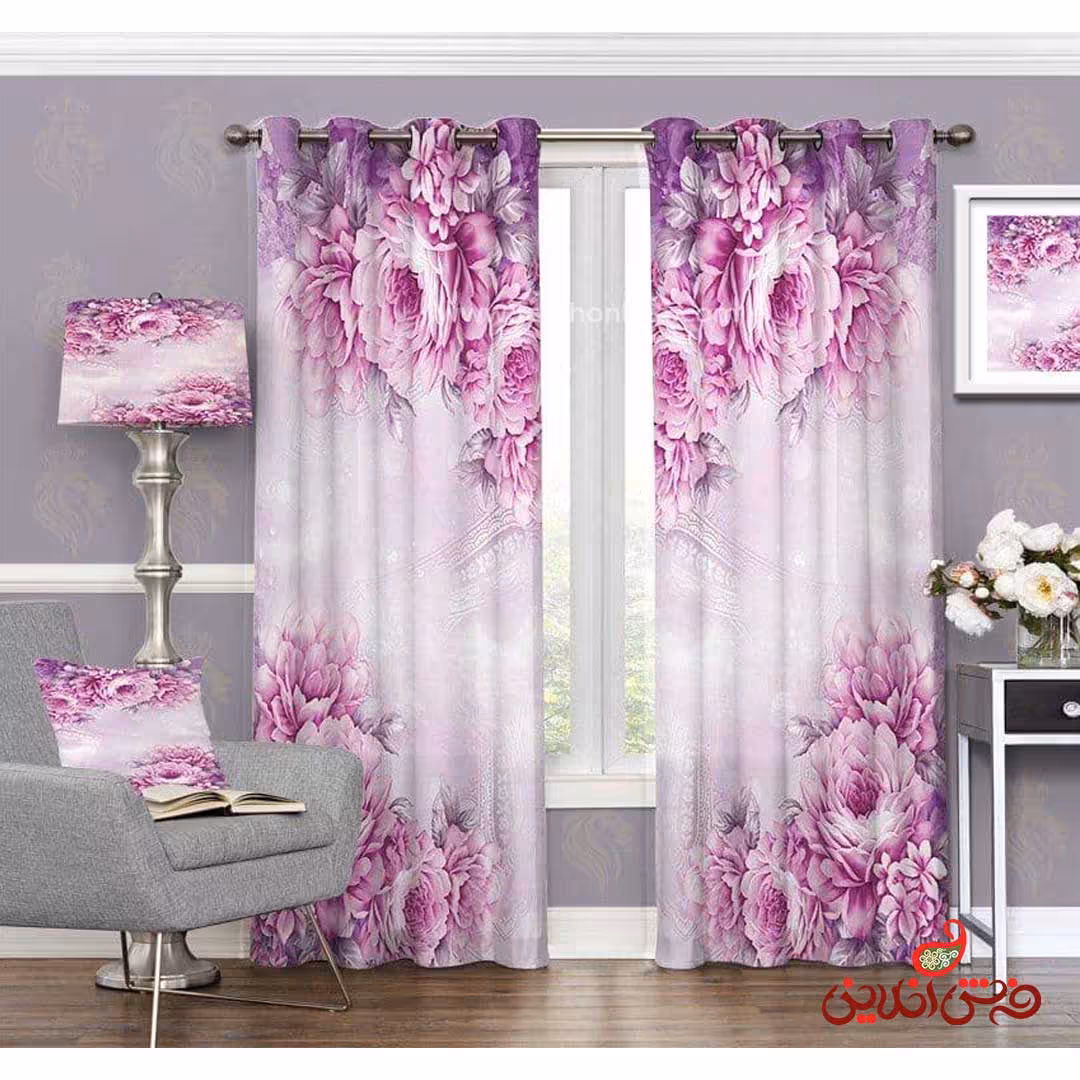 پرده طرح گل های بزرگ صورتی کد 3439