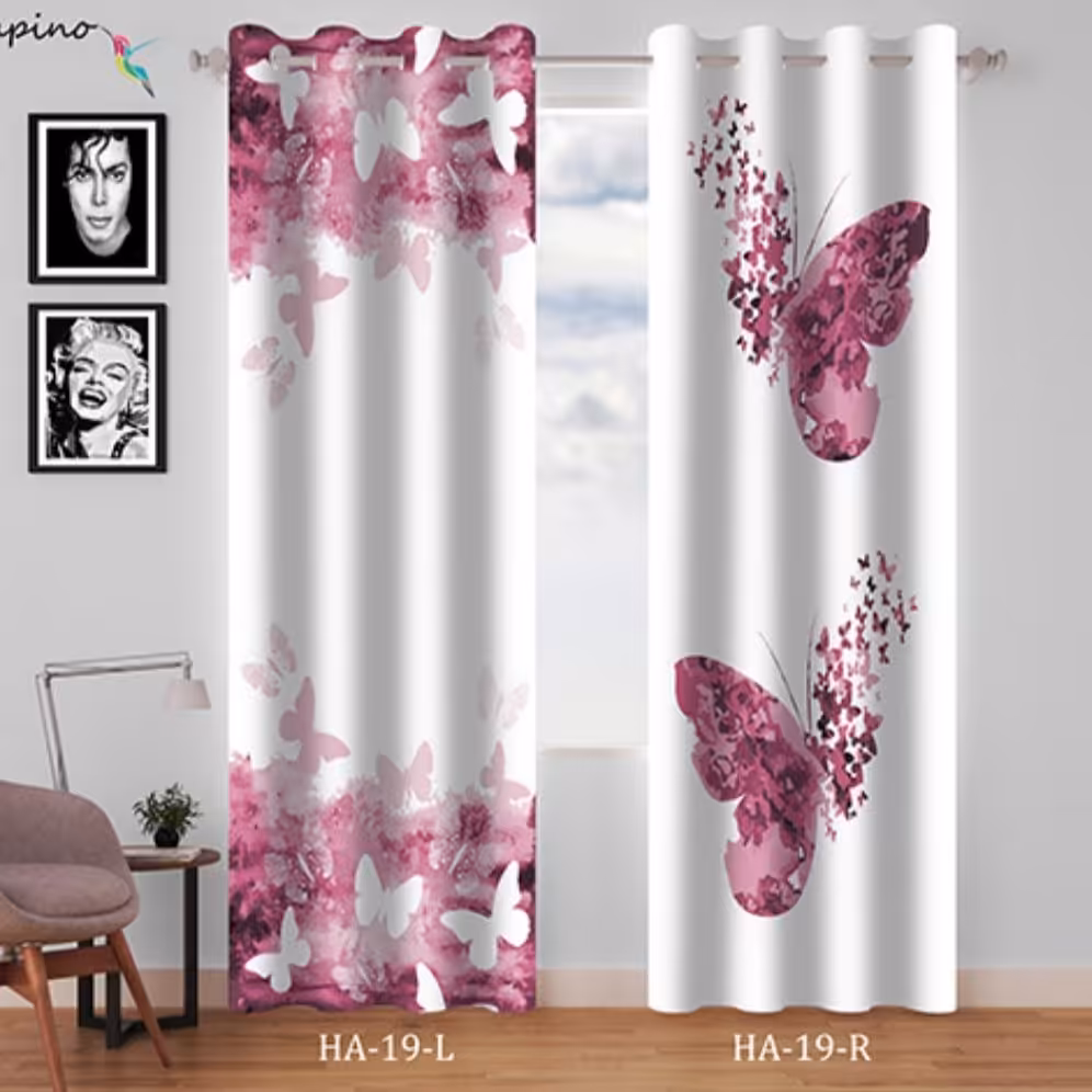 پرده  طرح پروانه رنگ صورتی  جذاب  دوقواره 