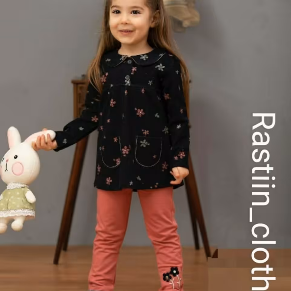 سارافون شلوار گلدار دخترانه جنس خوب و با کیفیت بسیار شیک و زیبا سایز 35 رنگ زغالی و شلوار طبق عکس