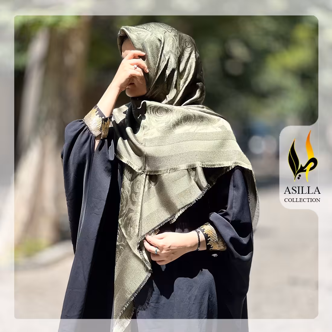روسری ژاکارد لمه دار 2 رو رنگ سبز سدری  طرح گل