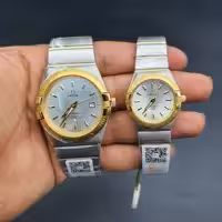 ساعت ست مردانه و زنانه امگا با بند استیل و بدنه طلایی و شیشه ضد خش omega set