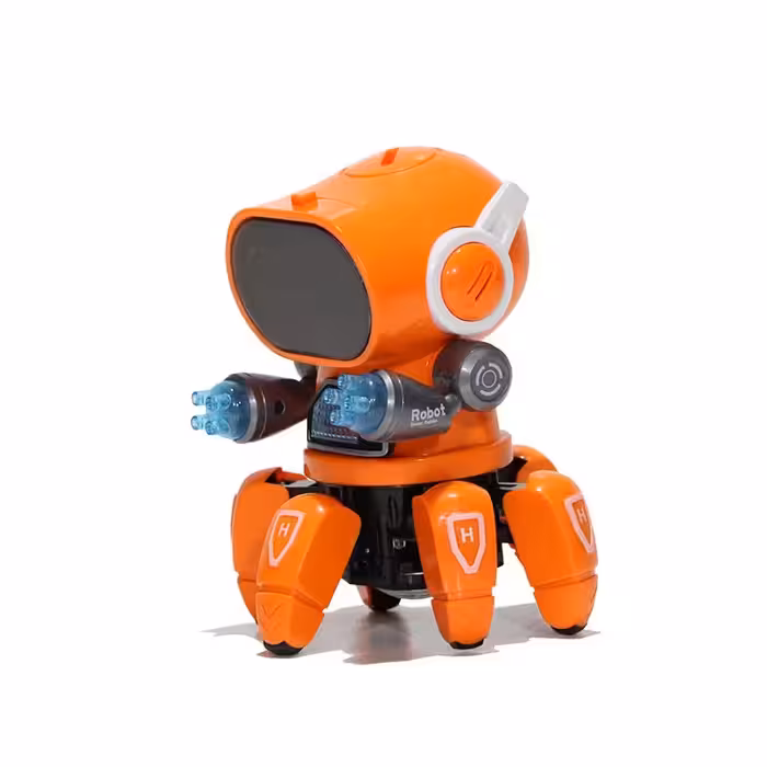 ربات شش پا موزیکال چراغدار نارنجی و آبی مناسب رشد فکری کودکان