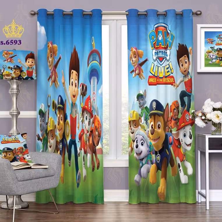 پرده اتاق کودک دو فقره پانچ طرح کارتونی سگ های نگهبان کد S6593