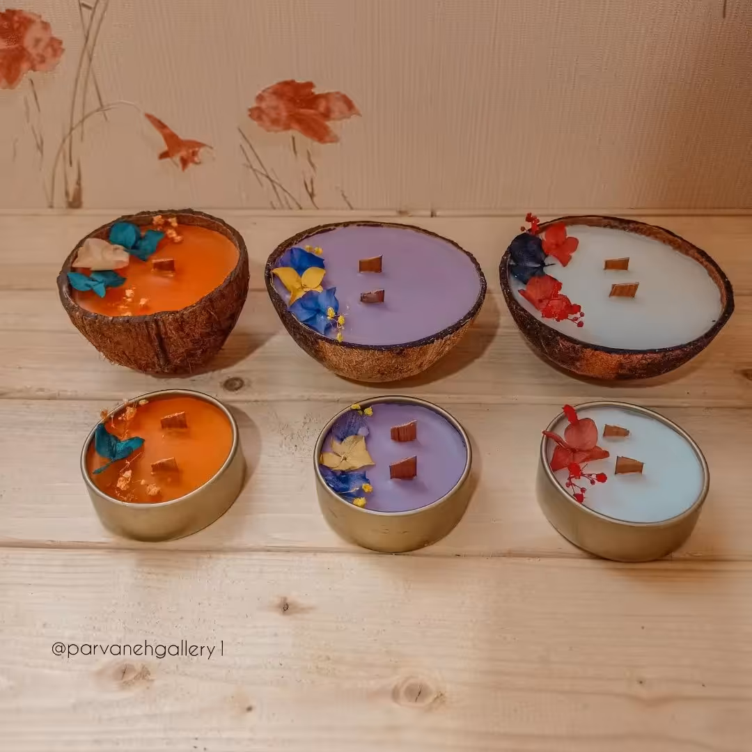 ست شمع معطر 2عددی قوطی و نارگیل با گل 
