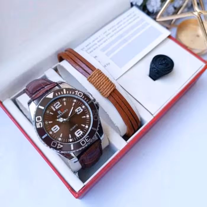 ست ساعت دستبند و انگشتر مردانه رنگ ثابت ضد حساسیت کیفیت بالا ست مردانه ست جذاب و خاص و کیوت 