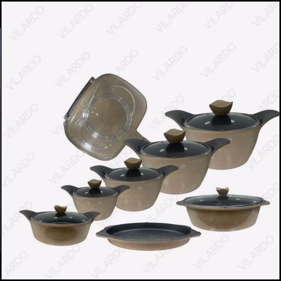 سرویس قابلمه چدن گرانیت 15 پارچه برند ویتارا رنگ نسکافه ای 