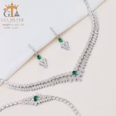 سرویس نقره مدل فلاور با سنگ سبز زمردی کد 11167