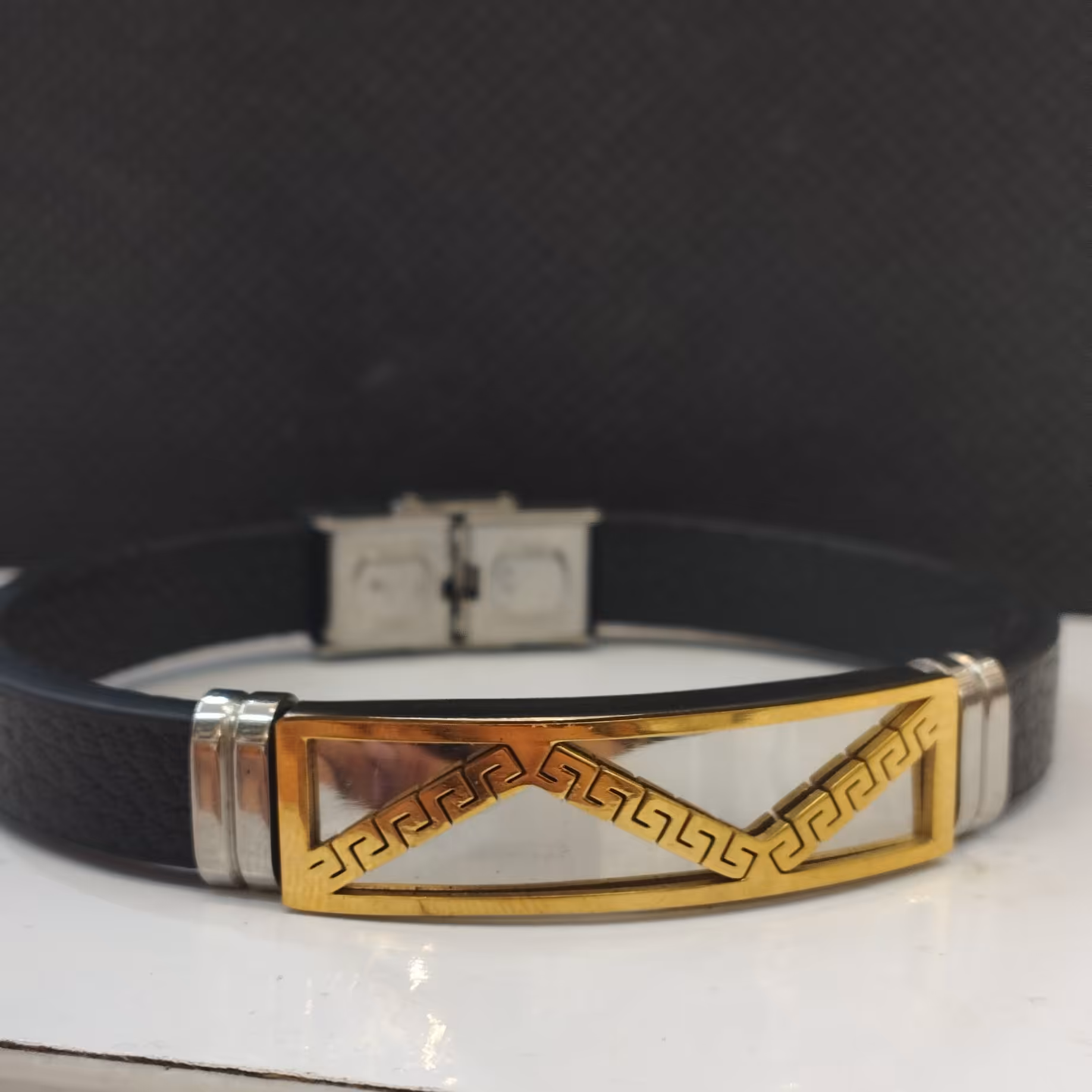 دستبند پسرانه استیل رنگ ثابت بند چرم کد 78