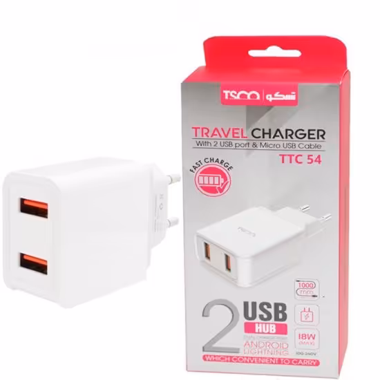 شارژر دیواری 2 پورت + کابل اندروید تسکو (TSCO) مدل TTC 54

