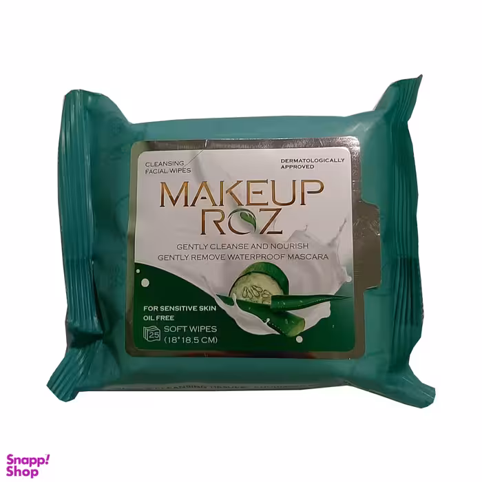 دستمال مرطوب میک آپ رز (Makeup Roz) مدل آلویه‌ورا و خیار بسته 25 عددی
