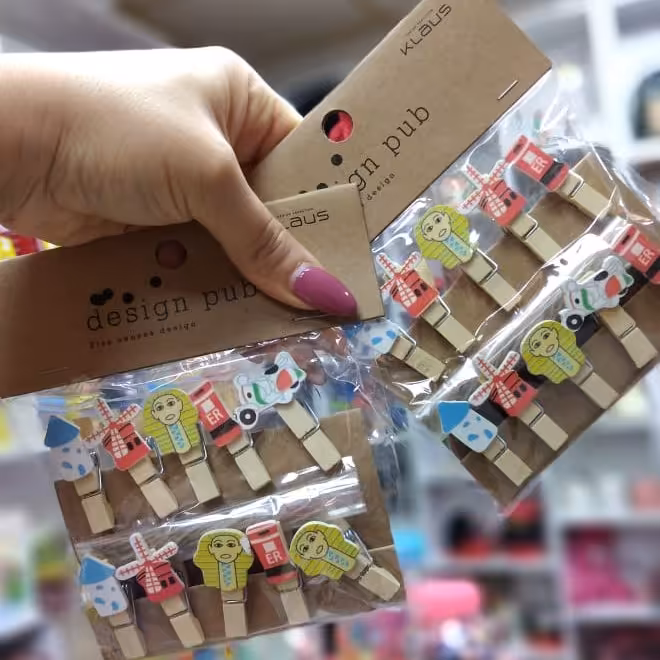 گیره چوبی فانتزی 10 عددی بهمراه نخ کناف