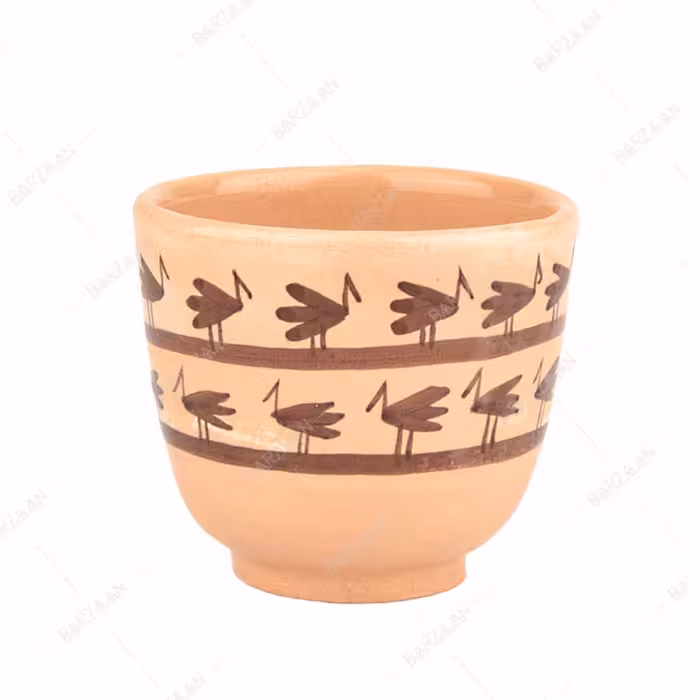 لیوان سفالی لعابدار با نقوش باستانی شوش- طرح پرنده سایز 8 در 7 سانتیمتر- کد 006