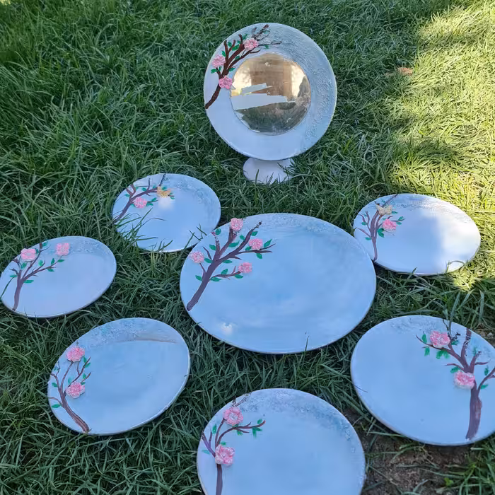 هفت سین سفالی 8 تکه طرح شکوفه گیلاس رنگ نقره آبی پتینه