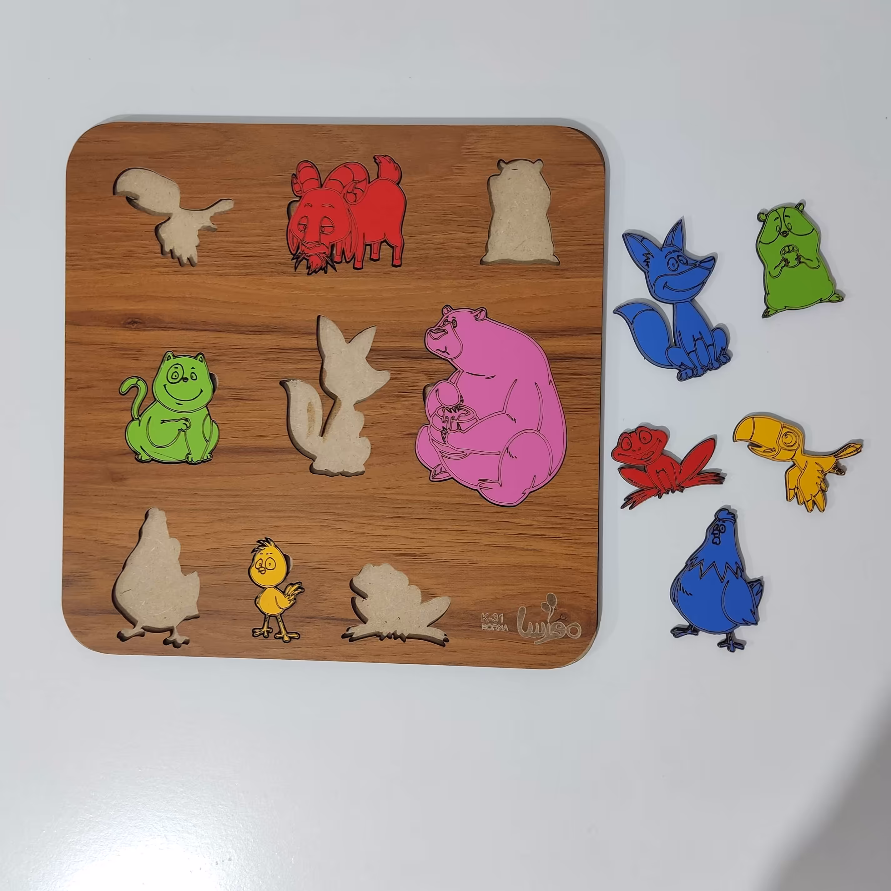 بازی آموزشی چوبی مدل جورچین حیوانات -رنگ طرح چوب (فندوقی)