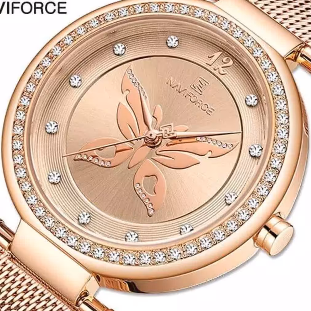 ساعت مچی زنانه و دخترانه ناویفورس اورجینال صفحه رزگلد بدنه رزگلد NAVIFORCE