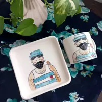 ماگ و زیر ماگی مربع طرح ملوان دستساز سرامیکی نقاشی زیر لعابی