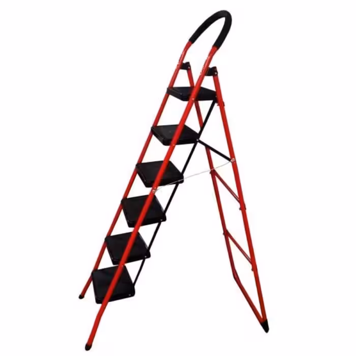 نردبان 6 پله ایران پایه آهنی تاشو با پایه یک تکه اتصال پرچی در سه رنگ طوسی و قرمز و مشکی