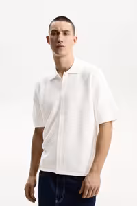پیراهن / بلوز دکمه دار سفید مردانه بافتی و کوتاه اورجینال Bershka