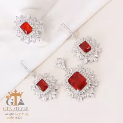 نیم ست نقره مدل سلطنتی نگین یاقوت سرخ مستطیل کد 16521