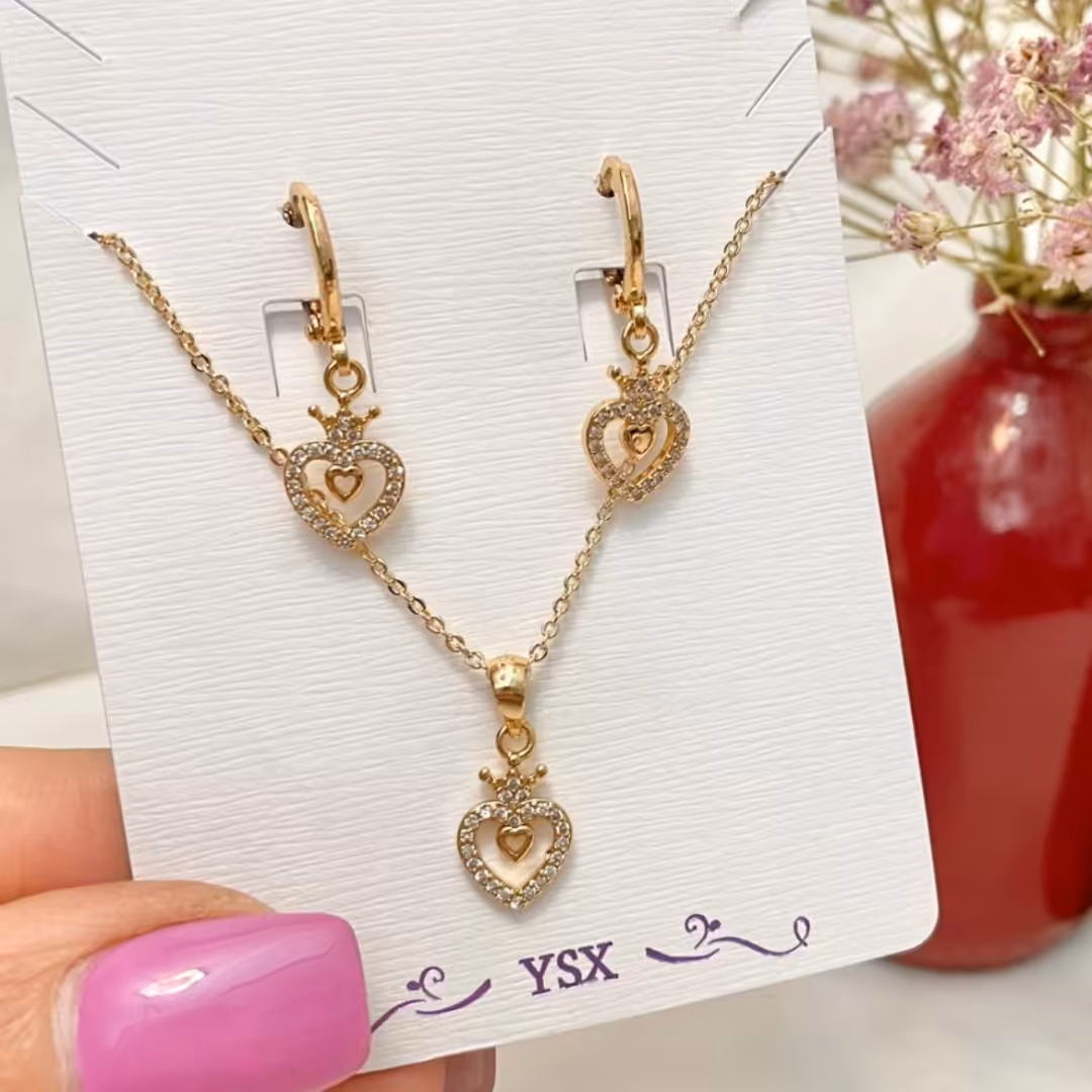 نیم ست ظریف و جواهری قلب تاجدار استیل زنانه دخترانه