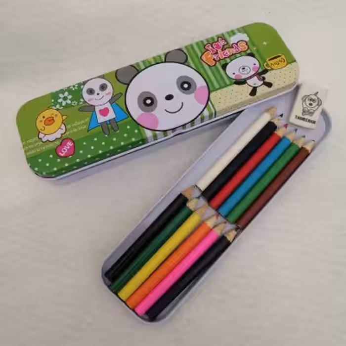 جامدادی فلزی دو طبقه به همراه مداد رنگی کوچک 12 رنگ و پاک کن تحریران