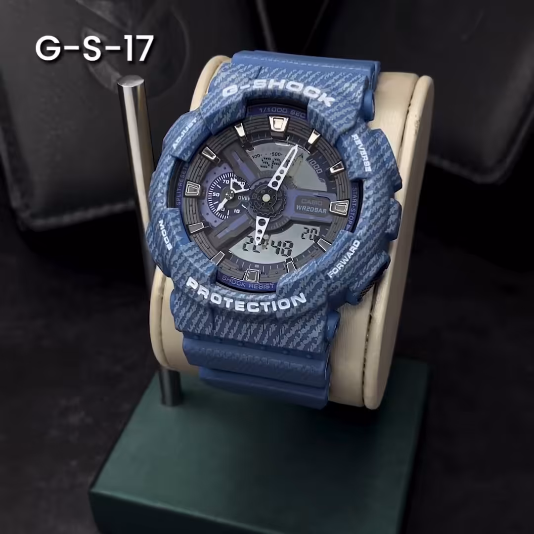 ساعت مچی جی شاک GA110 آبی راه راه  (جیشاک GShock) ، صد در صد ضدآب ، تنظیم اتوماتیک با پایتخت کشورها ، اتولایت دار