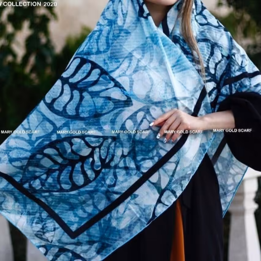 روسری زنانه نخی دور دست دوز قواره 140 ابی رنگ