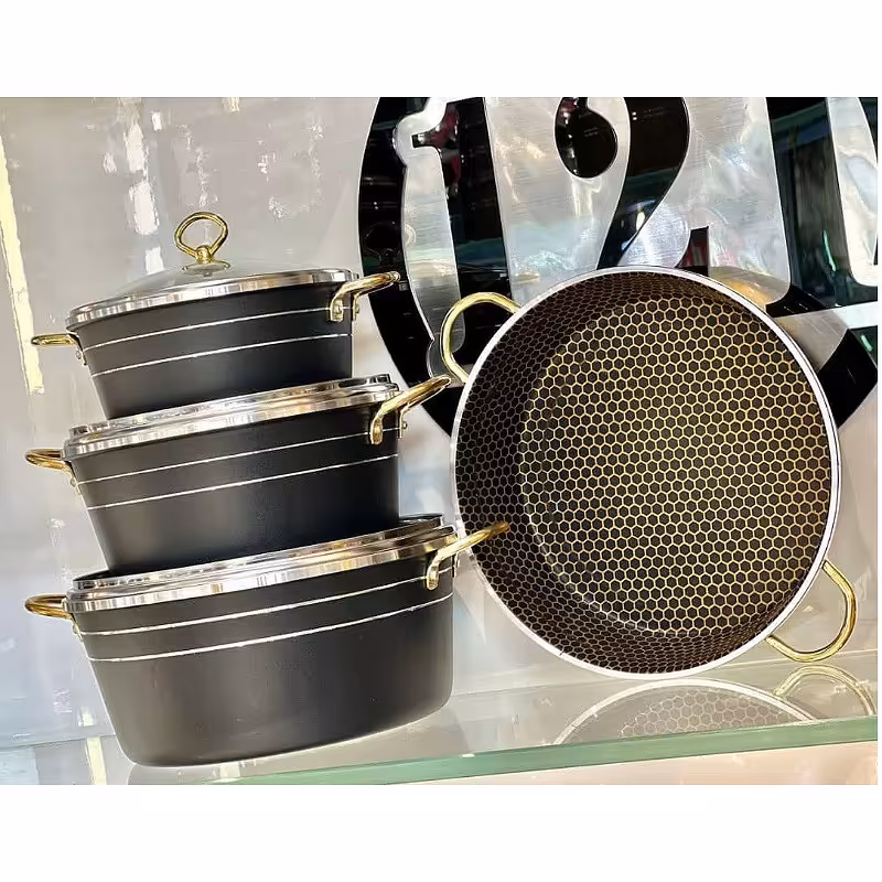 سرویس 7پارچه کف زنبوری گلدانی کیفیت عالی دسته طلایی