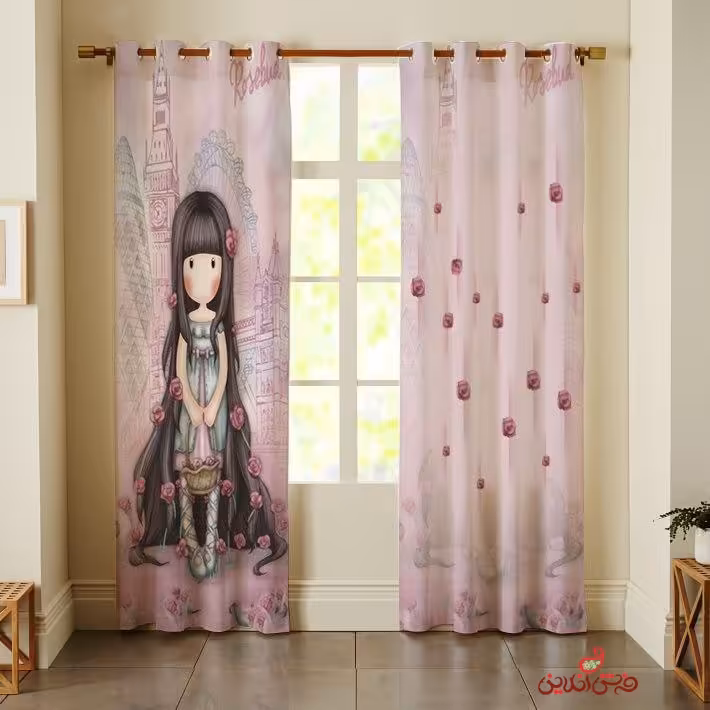 پرده 2عددی کودک طرح دختر مو چتری (مو گل گلی) کد 2760