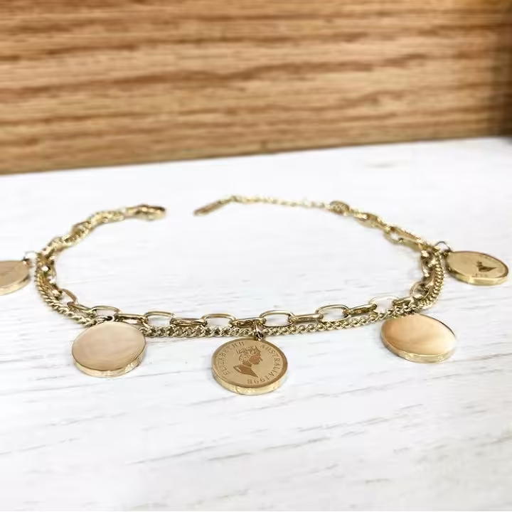 دستبند استیل سکه ای دو زنجیر