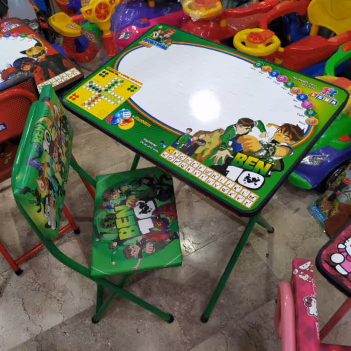 میز تحریر فلزی تاشو کودک و صندلی فلزی تاشو تخته وایبردی جک دار لنا