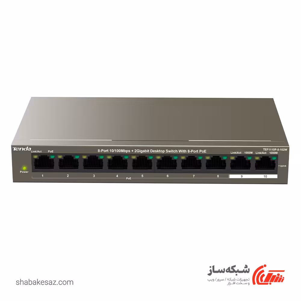 قیمت و خرید سوییچ POE تندا Tenda TEF1110P-8-102W دسکتاپ 8 پورت 10/100Mbps با 2 پورت Gigabit - شبکه ساز