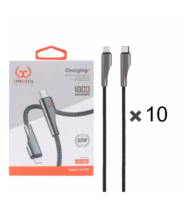 پک 10 عددی کابل شارژ فست یوشیتا Type-C To Lightningمدل YC-006