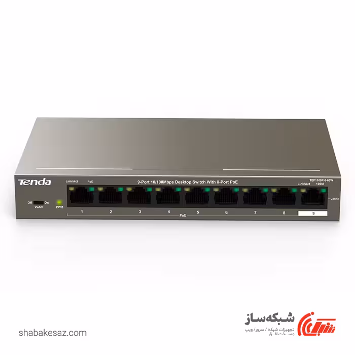 قیمت و خرید سوییچ تندا Tenda TEF1109P دسکتاپ 9 پورت 10/100Mbps با 8 پورت POE 63W - شبکه ساز
