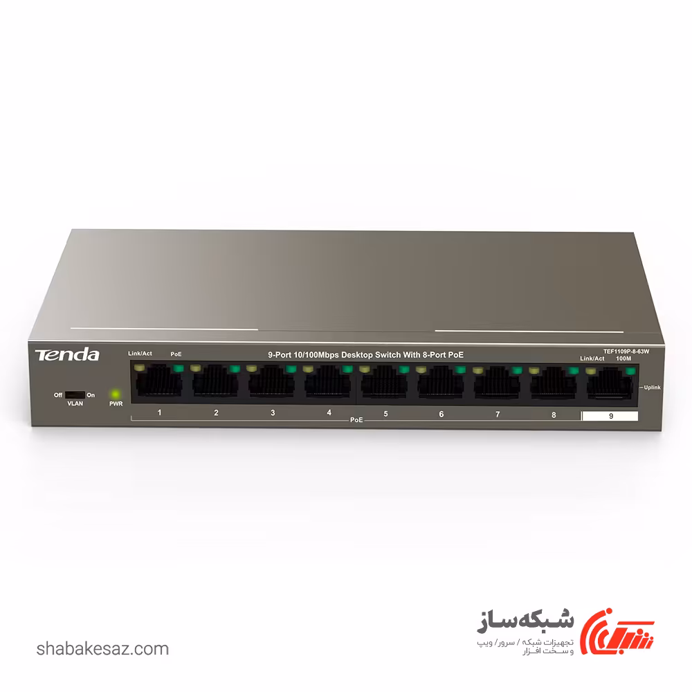 قیمت و خرید سوییچ تندا Tenda TEF1109P دسکتاپ 9 پورت 10/100Mbps با 8 پورت POE 63W - شبکه ساز