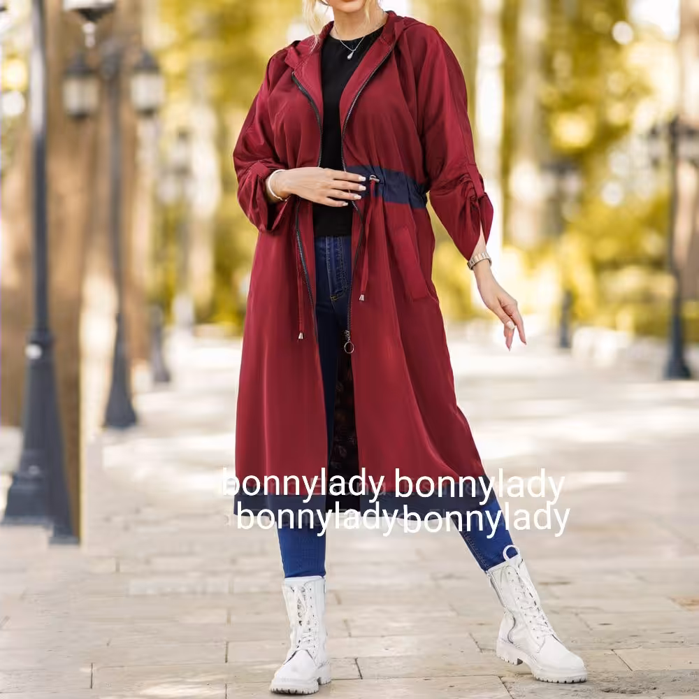 حراج بارانی بلند پاییزه شیک زنانه ، بارونی مموری ضد آب آستر دار ، بارانی بلند فیری سایز ، سایز بزرگ زنانه ، بلک فرآیدی