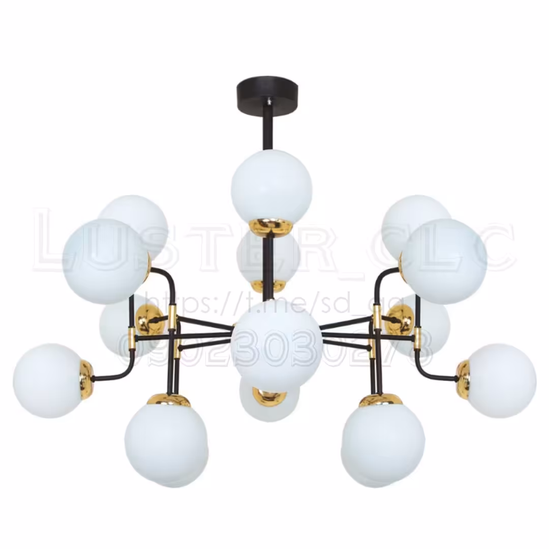لوستر مولکولی پذیرایی فلزی ارزان مدرن در رنگ مشکی طلایی باضمانت 8 شاخه 16 شعله M8018