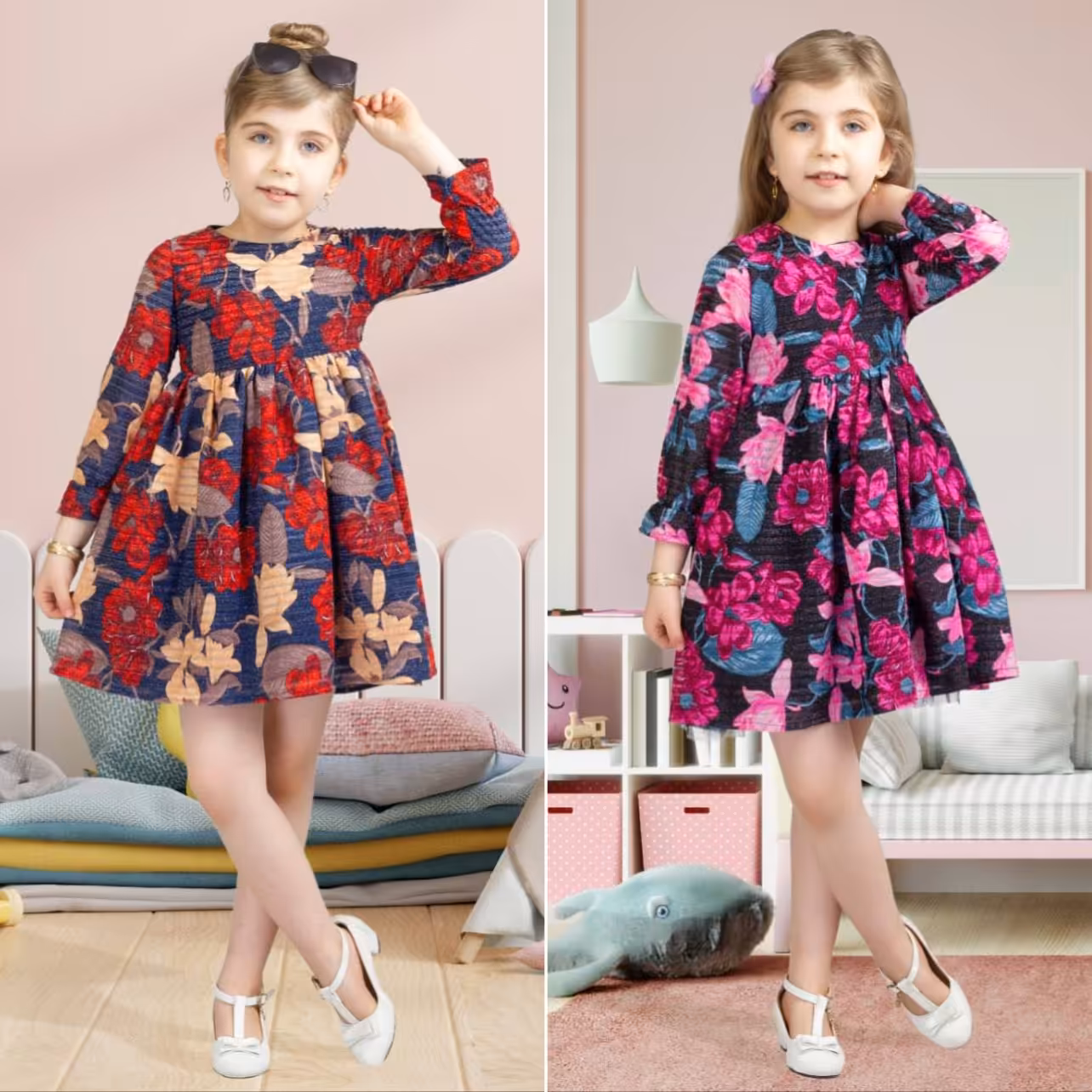 پیراهن دخترانه گل رز مناسب 2 تا 5 سال جنس لمه استردار