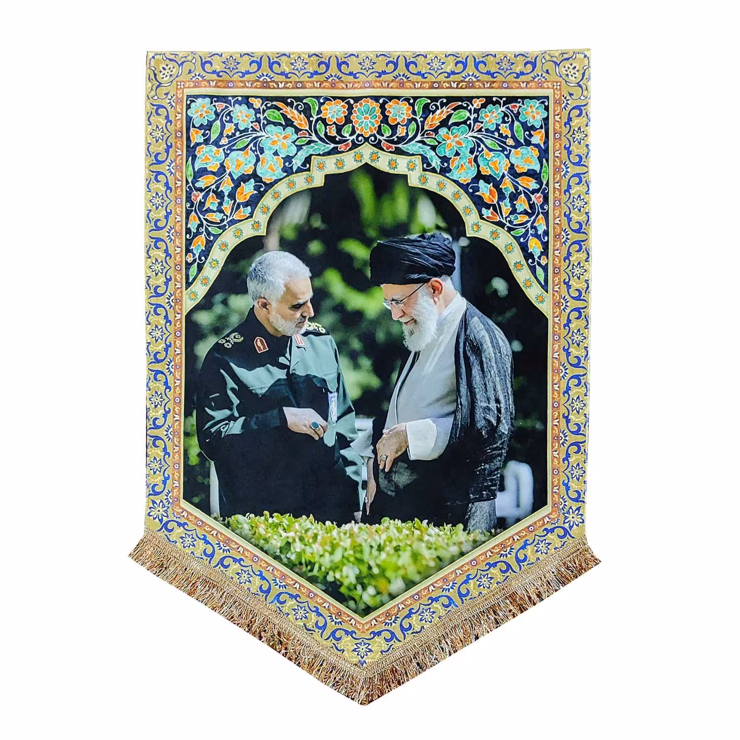 پرچم مخمل آیت الله خامنه ای و شهید حاج قاسم سلیمانی 50.70 کتیبه آویز قابل شستشو