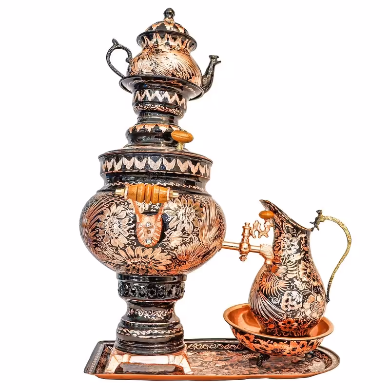 سرویس 5 پارچه سماور مسی مدل الماس تراش رنگ طلایی مسی زمینه مینا مشکی لاکچری مناسب افراد لاکچری

