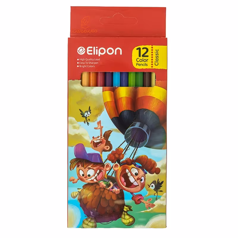 مداد رنگی 12 رنگ جعبه مقوایی تخت طرح بالن الیپون ELIPON