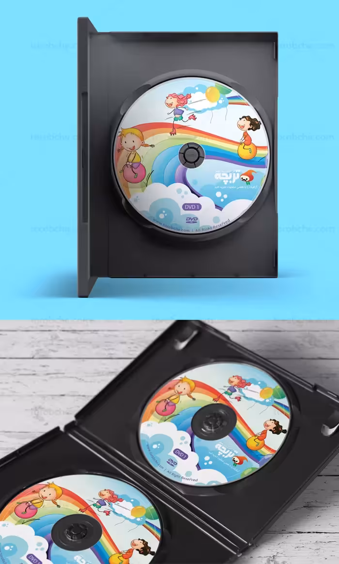 طرح لایه باز لیبل DVD و CD کودکان خوشحال و رنگین کمان - گرافیک با طعم تربچه