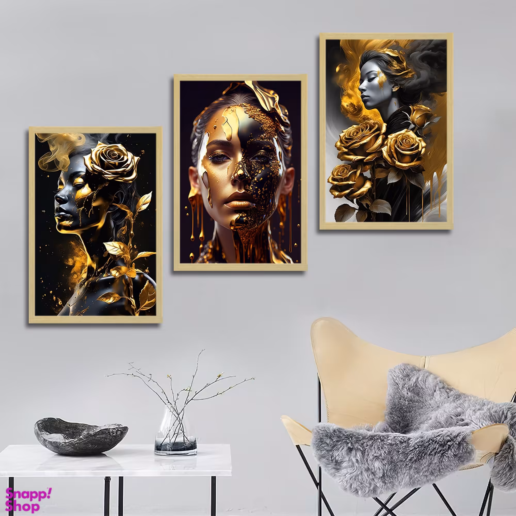 تابلو بکلیت طرح مدرن طلایی چهره و گل مدل BE-1812 مجموعه 3 عددی