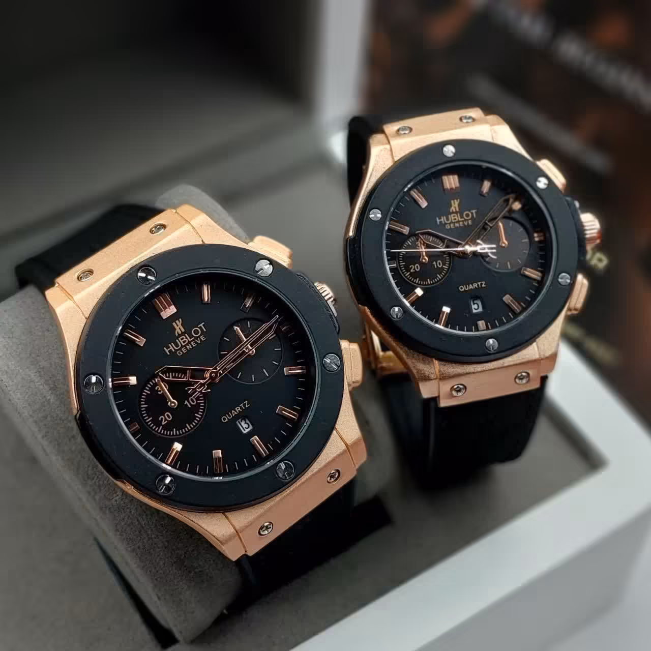 ساعت ست زنانه مردانه هابلوت بند رابر مشکی بدنه طلایی با کیفیت+ hublot
