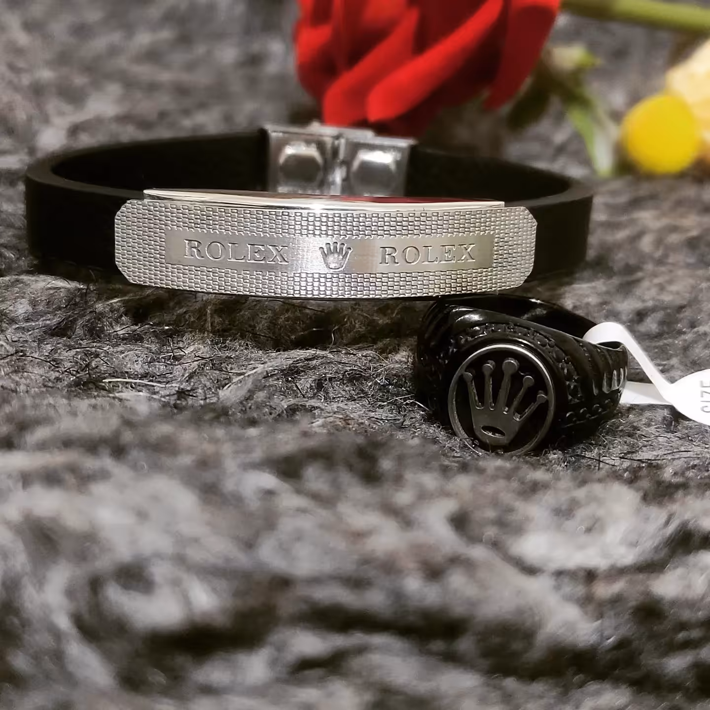 دستبند ست چرم رولکس همراه با انگشتر