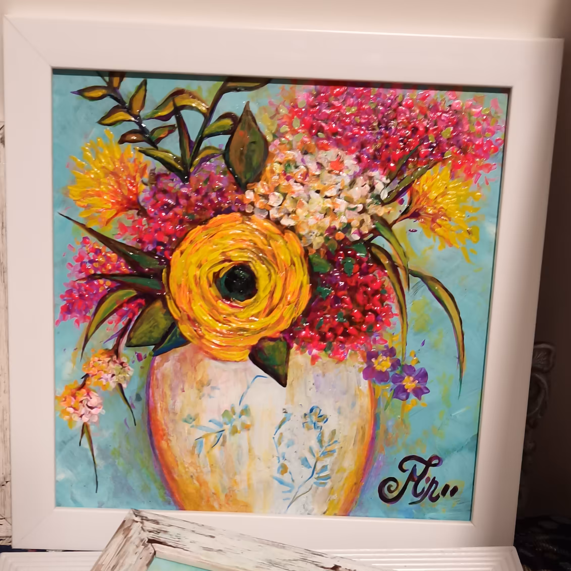 نقاشی اکرولیک  گلدان بهاری