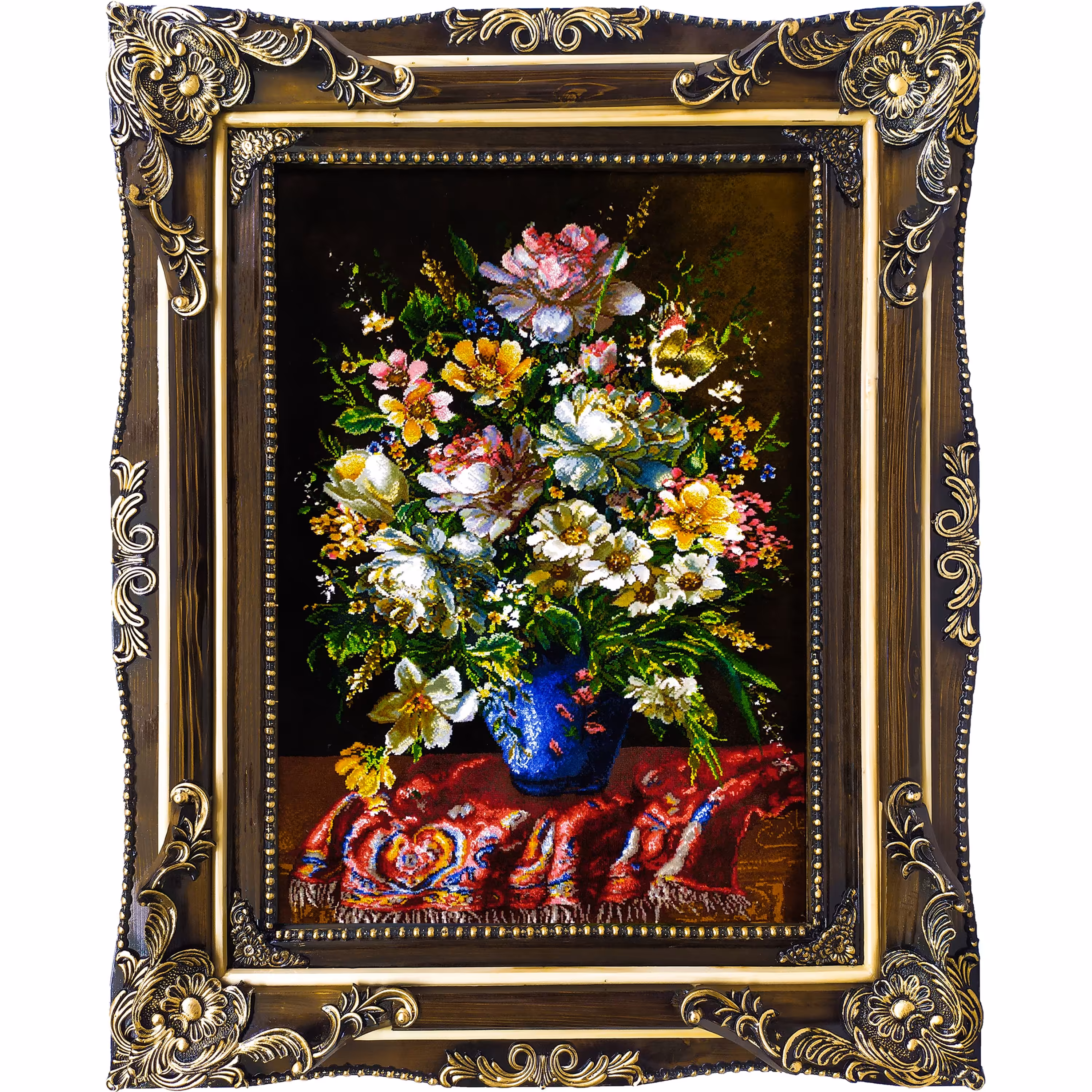 تابلو فرش دستباف مدل گل رومیزی خرم با قاب چوبی