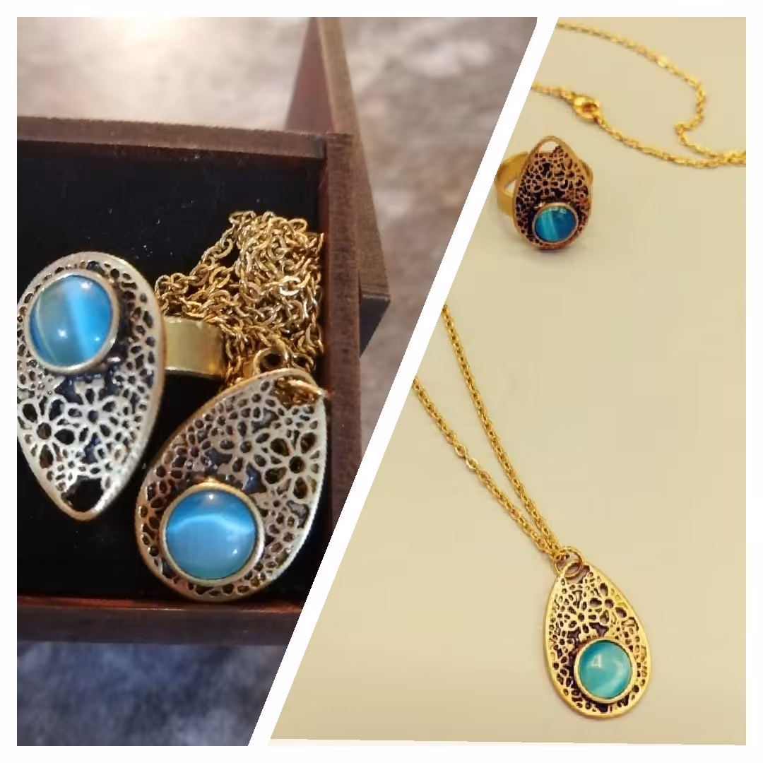 ست انگشتر و گردنبند برنجی اشک آبی