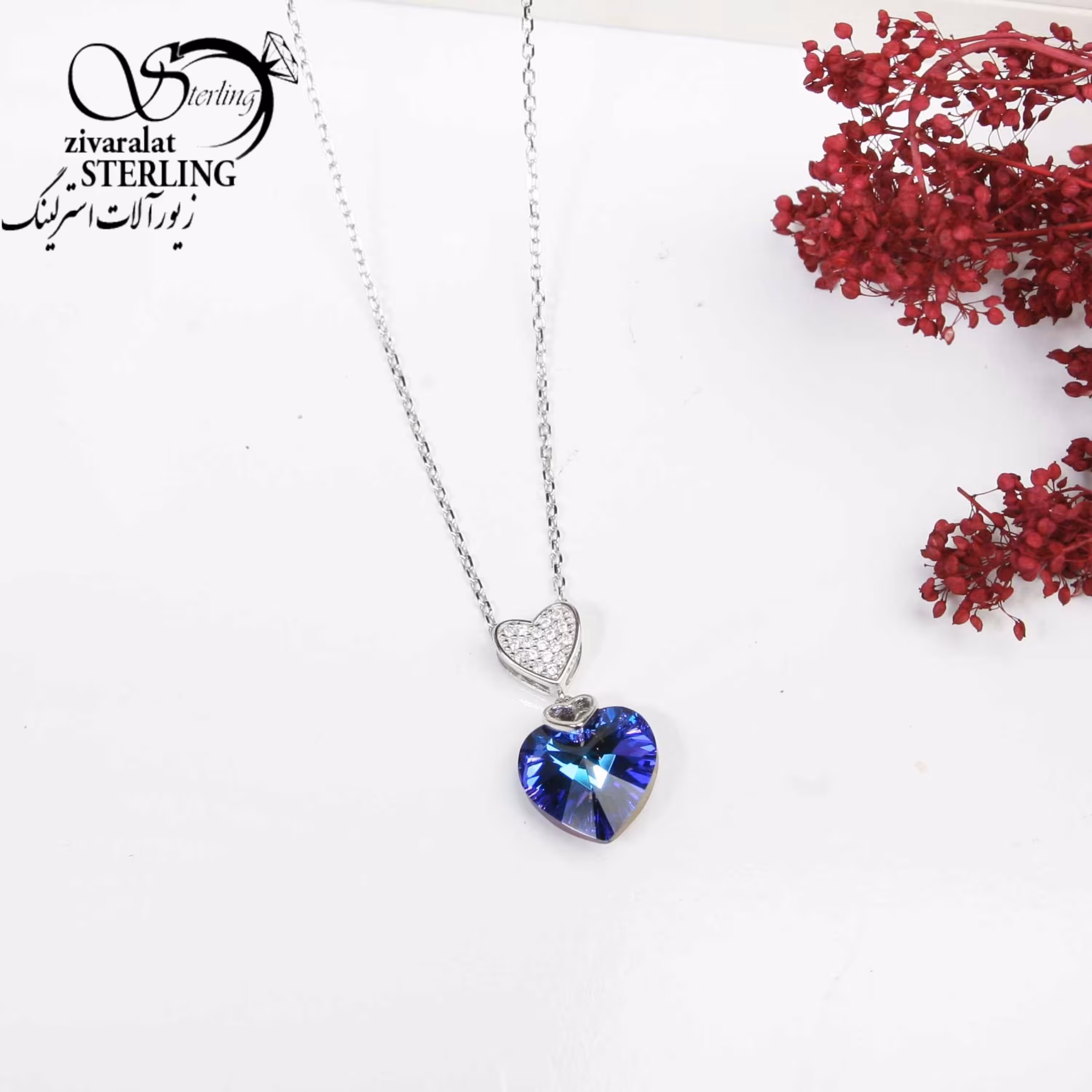 گردنبند نقره طرح طلا نگین الماسی همراه با قلب نگین کاری رنگ ثابت ضدحساسیت کد5010