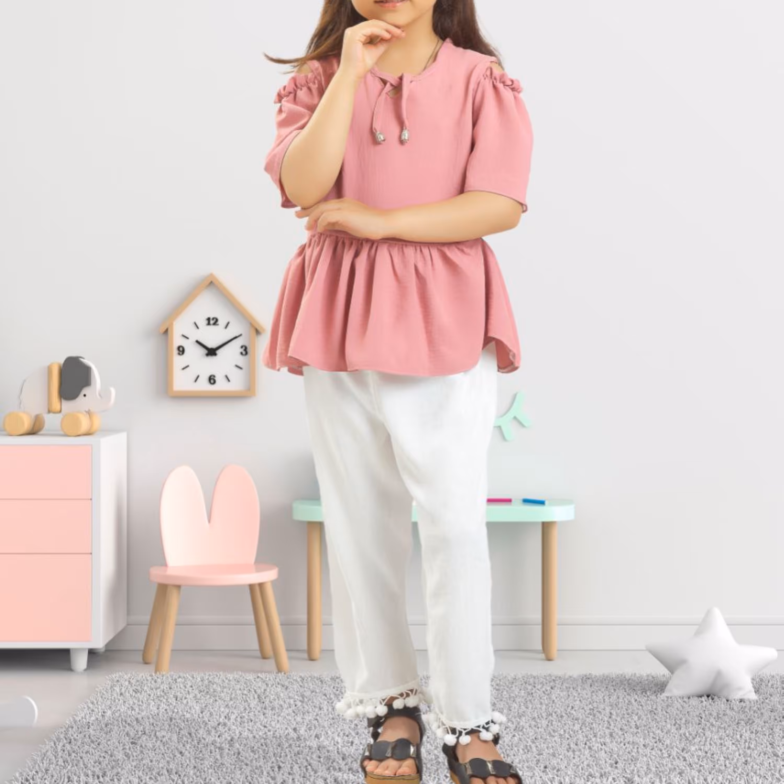 شومیز شلوار دخترانه ابرو بادی پوم پوم یقه بندی مناسب برای 2 تا8 سال